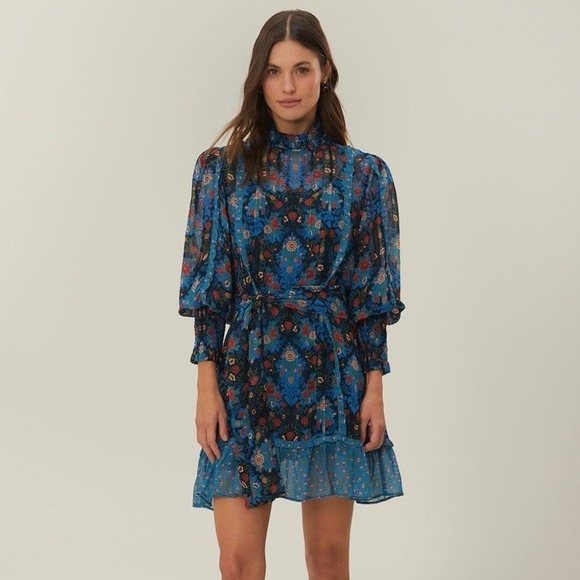 FARM Rio Dresses & Skirts - Farm Rio Arabesque Floral Print Smocked High Neck Mini Dress Small MISSING BELT!